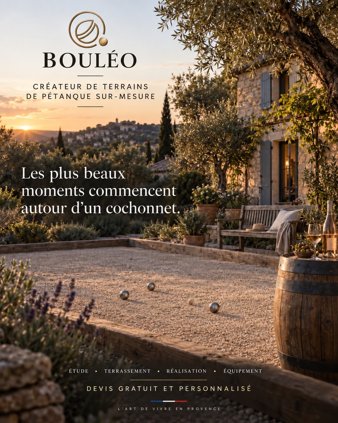 Terrain de pétanque sur mesure BOULÉO dans un jardin de style provençal